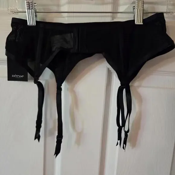 Sexy Black Garter Belt with Lace and Faux Leather - Déesse Collection - Size 14 - Picture 4 of 6